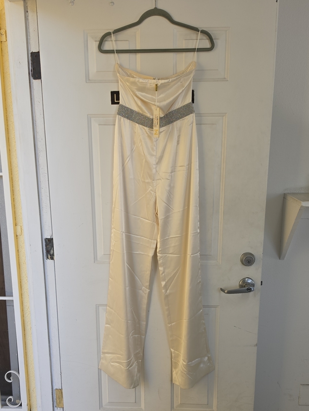 Meshki satin strapless jumpsuit